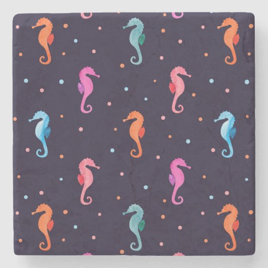 Aquarellfarben-Seepferde auf Navy Blue Pattern Steinuntersetzer (Vorderseite)