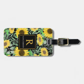 Aquarellfarben Sonnenblumen auf Schwarzer Monogram Gepäckanhänger (Vorderseite horizontal)