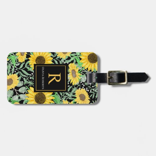 Aquarellfarben Sonnenblumen auf Schwarzer Monogram Gepäckanhänger (Vorderseite horizontal)