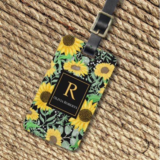 Aquarellfarben Sonnenblumen auf Schwarzer Monogram Gepäckanhänger