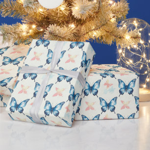 Aquarellfarben Stilvolle blaue Schmetterlinge Mono Geschenkpapier