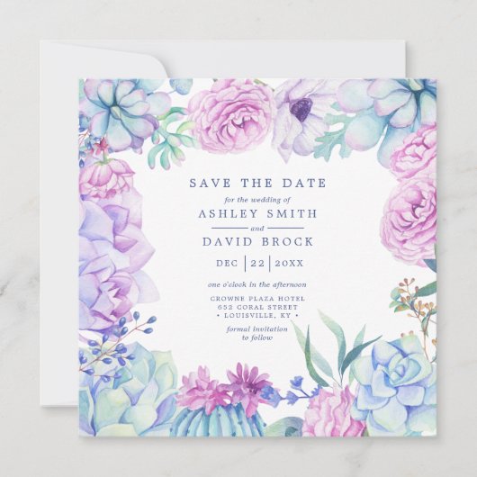 Aquarellfarben Sukkulatur Blumenpastel Save the Da Date (Vorderseite)