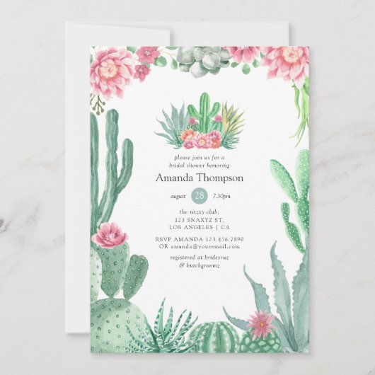 Aquarellfarben-Sukkulente Hochzeitsstichtel-Brautp Einladung (Vorderseite)