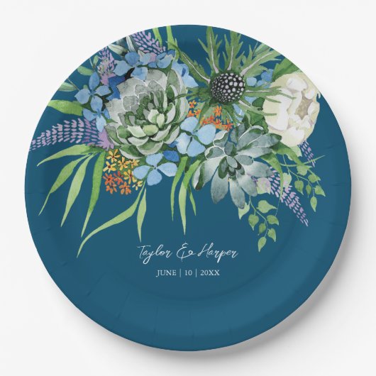 Aquarellfarben Sukkulentflora Bouquet Boho Wedding Pappteller (Vorderseite)