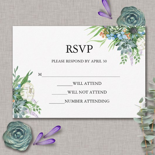 Aquarellfarben Sukkulentflora Bouquet Boho Wedding RSVP Karte