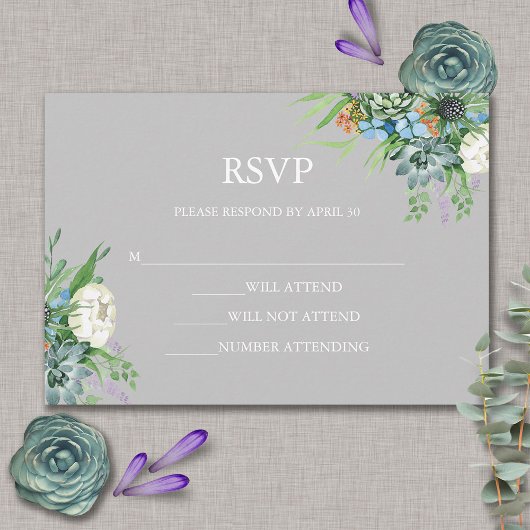 Aquarellfarben Sukkulentflora Bouquet Boho Wedding RSVP Karte
