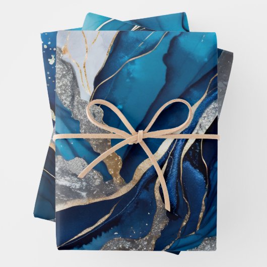 Aquarellfarben Tiefblau, Silber und Gold Alkohol T Geschenkpapier Set (Beispiel)