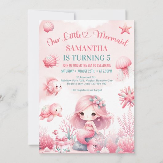 Aquarellfarben türkisfarben rosa Meerjungfrau zu j Einladung (Vorderseite)
