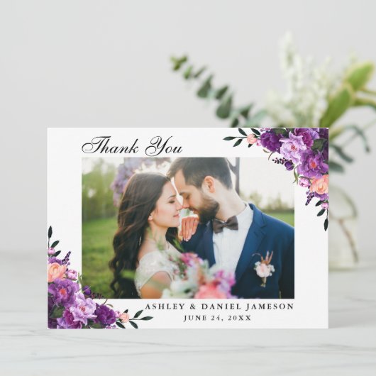 Aquarellfarben Ultra-Violet-Hochzeit mit Lila Blüt Dankeskarte (Stehend Vorderseite)