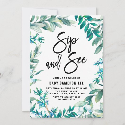 Aquarellfarben und Berries Wreath Sip and See Einladung (Vorderseite)