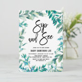 Aquarellfarben und Berries Wreath Sip and See Einladung (Stehend Vorderseite)