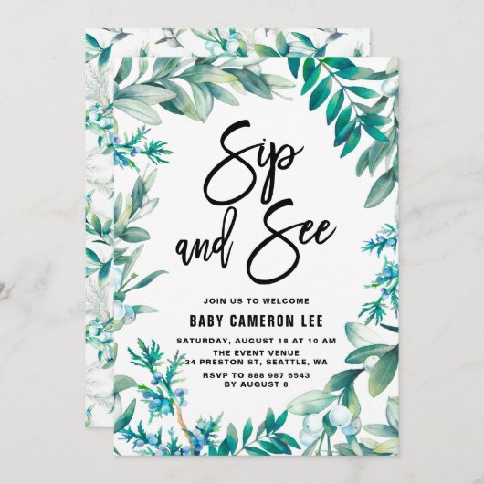 Aquarellfarben und Berries Wreath Sip and See Einladung (Vorne/Hinten)