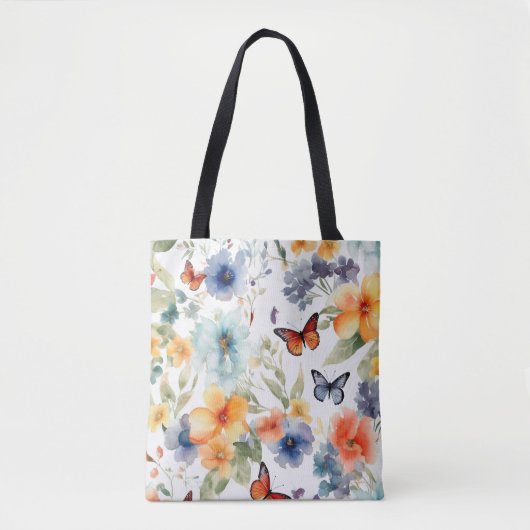Aquarellfarben und Schmetterlinge Botanische Blume Tasche (Vorderseite)