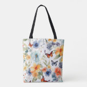 Aquarellfarben und Schmetterlinge Botanische Blume Tasche (Rückseite)
