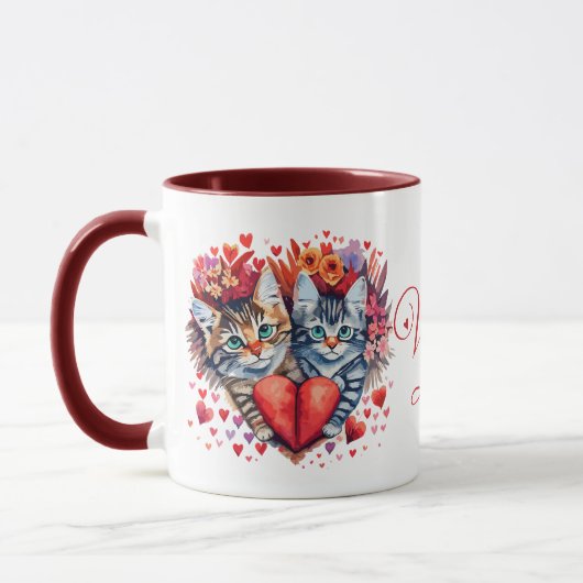 Aquarellfarben Valentine Katzen mit Liebe Tasse (Links)
