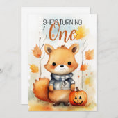 Aquarellfarben Weiß & Braun Blätter Fox 1. Geburts Einladung (Vorne/Hinten)