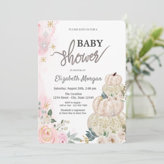 Aquarellfarben Weiße Pumpkins Blume Babydusche Einladung (Stehend Vorderseite)