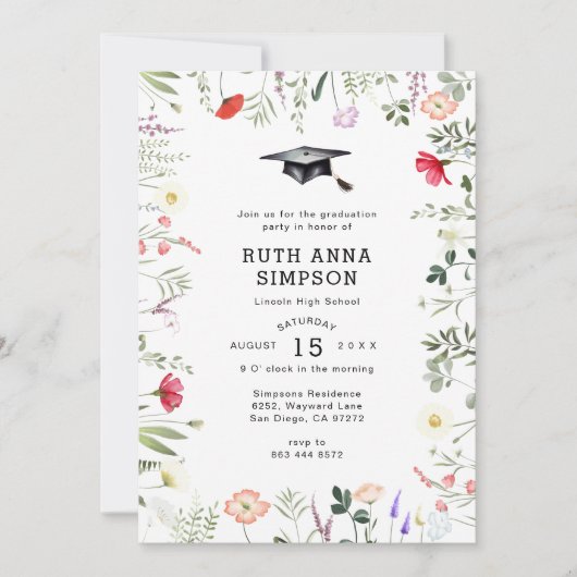 Aquarellfarben Wildblume Foto Abschluss Einladung (Vorderseite)