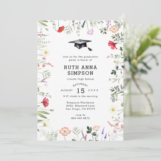 Aquarellfarben Wildblume Foto Abschluss Einladung (Stehend Vorderseite)