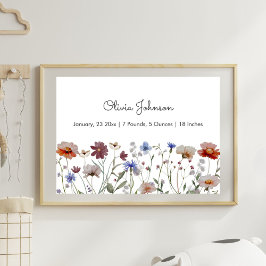 Aquarellfarben Wildblume Meadow Baby Birth Stats Poster