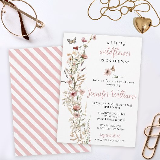 Aquarellfarben Wildblume Rose Goldene Mädchendusch Einladung