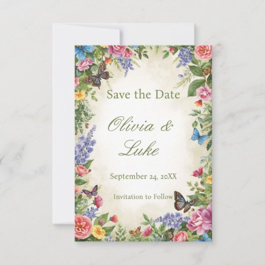 Aquarellfarben-Wildblume STD mit Schmetterlingen Save The Date (Vorderseite)