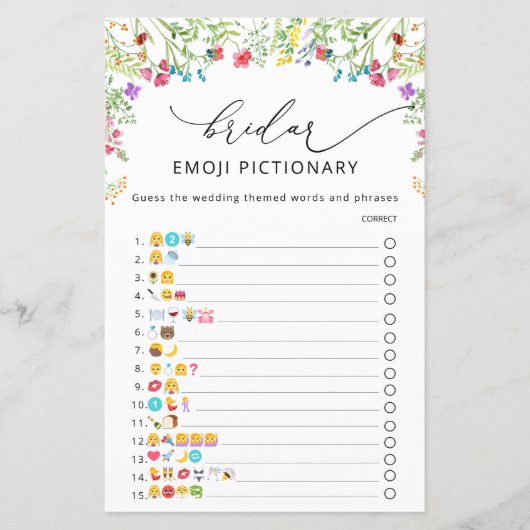 Aquarellfarben-Wildblumen Brautparty Emoji-Spiel (Vorderseite)