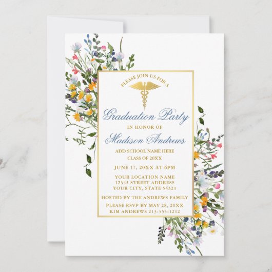 Aquarellfarben Wildblumen Dusty Blue Nurse Grad Pa Einladung (Vorderseite)