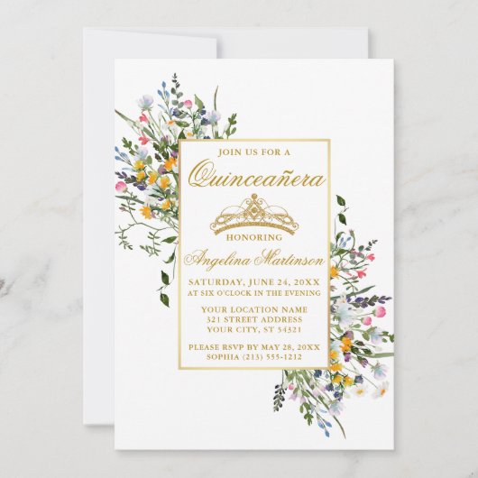 Aquarellfarben Wildblumen Dusty Blue Quinceanera Einladung (Vorderseite)