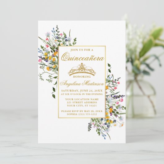 Aquarellfarben Wildblumen Dusty Blue Quinceanera Einladung (Stehend Vorderseite)