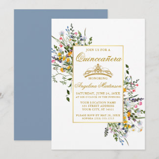 Aquarellfarben Wildblumen Dusty Blue Quinceanera Einladung