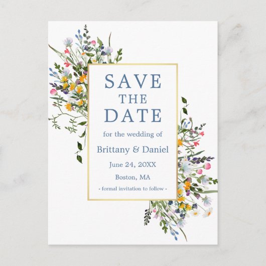 Aquarellfarben Wildblumen Dusty Blue Save the Date Postkarte (Vorderseite)