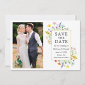 Aquarellfarben Wildblumen Foto Gold Frame Save The Date (Vorderseite)