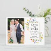 Aquarellfarben Wildblumen Foto Gold Frame Save The Date (Stehend Vorderseite)