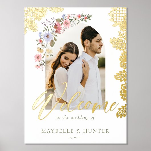 Aquarellfarben Wildblumen Foto Hochzeit Begrüßung Foliendrucke (Vorderseite)