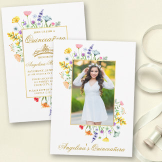 Aquarellfarben Wildblumen Foto Quinceanera Gold Einladung