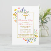 Aquarellfarben Wildblumen Gold Rosa Abschluss Einladung (Stehend Vorderseite)