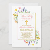 Aquarellfarben Wildblumen Gold Rosa Erste Kommune Einladung (Vorderseite)