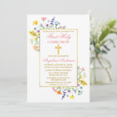 Aquarellfarben Wildblumen Gold Rosa Erste Kommune Einladung (Stehend Vorderseite)