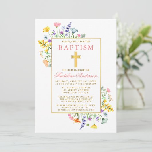 Aquarellfarben Wildblumen Goldpinke Taufe Einladung (Stehend Vorderseite)