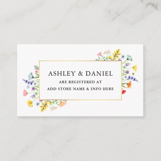 Aquarellfarben-Wildblumen Goldrahmen-Hochzeitsregi Begleitkarte (Vorderseite)