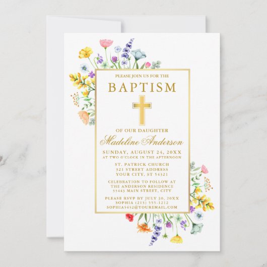Aquarellfarben Wildblumen Goldtaufe Einladung (Vorderseite)
