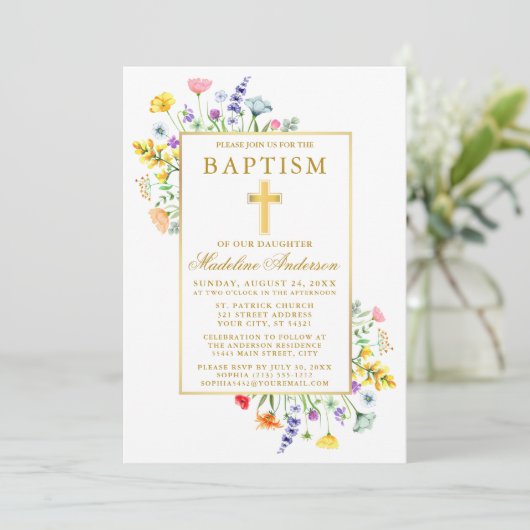 Aquarellfarben Wildblumen Goldtaufe Einladung (Stehend Vorderseite)
