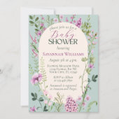 Aquarellfarben Wildblumen Grüne Lila Babydusche Einladung (Vorderseite)
