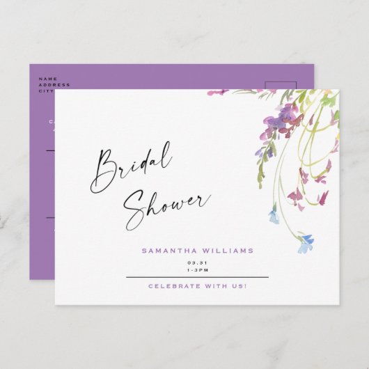 Aquarellfarben Wildblumen Lavendel Brautparty Einladungspostkarte (Vorne/Hinten)