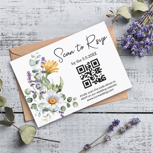Aquarellfarben Wildblumen qr Code Hochzeitsschick RSVP Karte