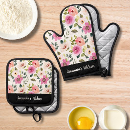 Aquarellfarben Wildblumen Stilvolles Personalisier Ofenhandschuh & Topflappen-Set