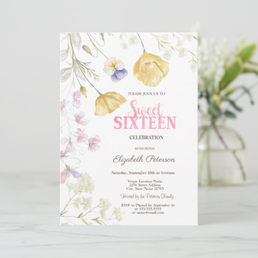 Aquarellfarben Wildblumen Süß 16 Einladung (Stehend Vorderseite)