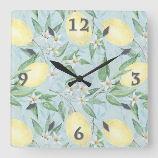Aquarellfarben Zitronen Fruchtquadrat Wanduhr (Vorderseite)