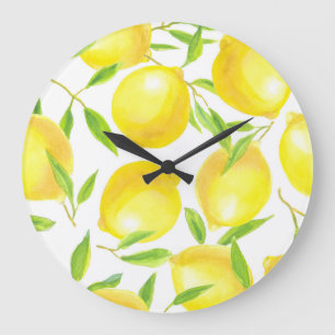 Aquarellfarben Zitronen und Blätter: Muster. Große Wanduhr